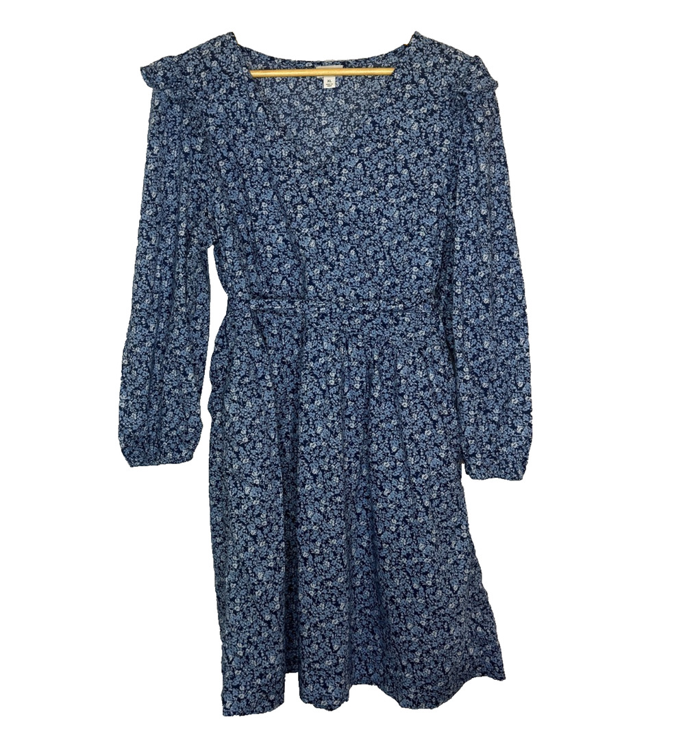 Women's XL J.Crew Blue Floral Puff Sleeve Ruffle Cotton Mini Dress